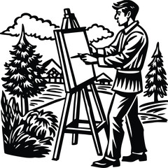 Artist at Easel Silhouette Creating Outdoor Painting in Black and White on White Background