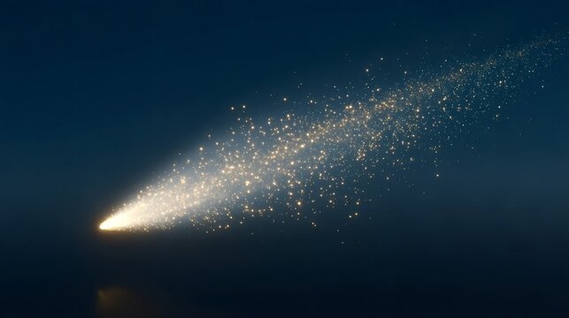 Brilliant golden particle streak arcs across a deep blue space, reflecting on a surface and evoking shooting stars, celebration, magic, and cosmic motion and sparkle