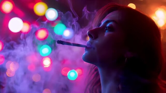 Marijuana cannabis topic concept. A woman exhales smoke from a cigarette amidst a vibrant, colorful backdrop of lights.