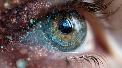 Human eye showing advanced bionic technology and artificial intelligence integration, conceptualizing future vision, digital enhancements, and the merging of biology with hi tech innovation
