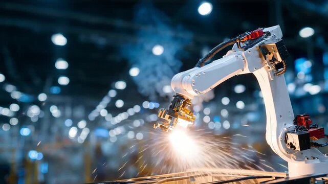 244Industrial robot arm close-up assembling carbon fiber structures for high-speed aircraft, glowing LED indicators and clean factory background enhancing detail