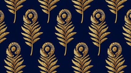 Seamless gold Koru Maori fern frond pattern on deep indigo background showcasing growth and healing symbolism