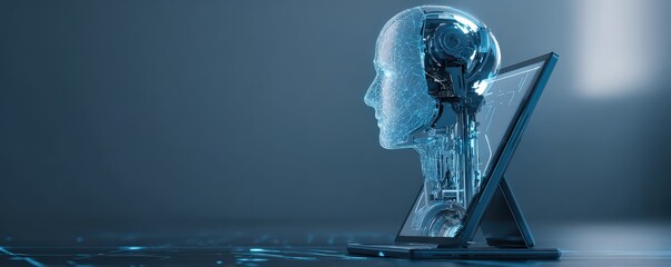 A futuristic depiction of a robotic head emerging from a digital screen, showcasing advanced technology and AI concepts in a sleek, modern environment.