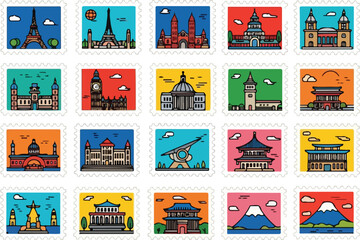 A collection of colorful postage stamps featuring famous global landmarks and architectural icons in a flat design style.