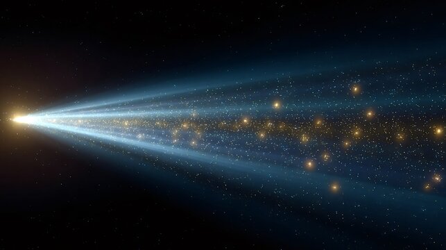 Cosmic light rays stream from a bright point in deep dark space, illuminating a field of gold and blue glowing stars and particles, representing celestial travel or abstract energy