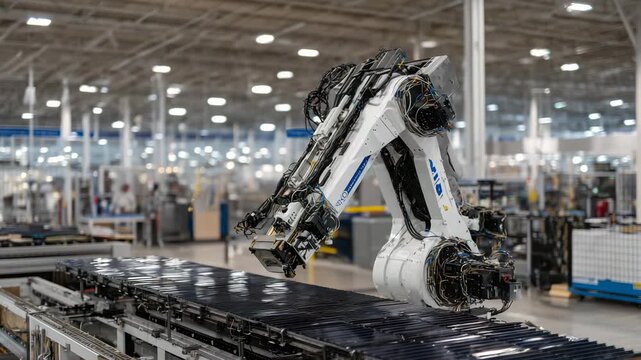 246Advanced aerospace production line with robotic arm molding composite tail section for supersonic jet, bright workshop lighting illuminating black carbon fiber