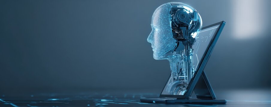 A futuristic depiction of a robotic head emerging from a digital screen, showcasing advanced technology and AI concepts in a sleek, modern environment.