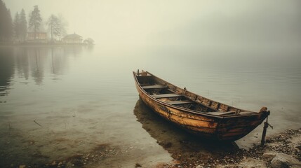 Obraz premium Vintage wooden fishing boat rests quietly on a misty lake surrounded by serene nature in early morning light