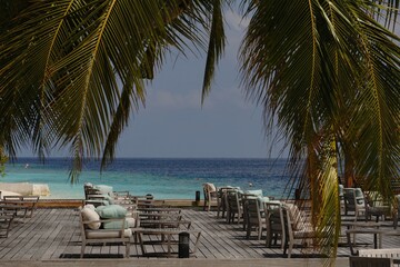 Beach Deck with Lounge Chairs Framed by Palm Leaves