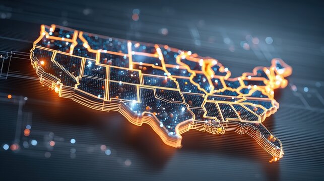 A digital representation of the United States, outlined with glowing lines and filled with a network of lights, suggesting technology and connectivity.
