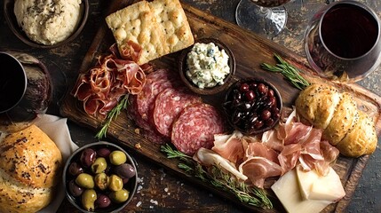 Charcuterie board presenting an abundant selection of prosciutto, salami, various cheeses, olives, crackers, and fresh bread, accompanied by glasses of red wine, creating a rustic gourmet appetizer