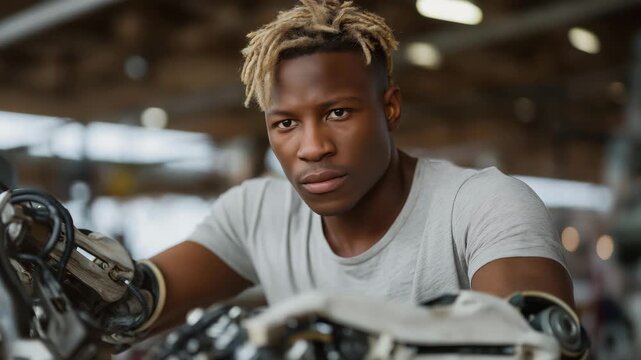 Engineer adjusting robotic exoskeleton joints during prototype testing, emotion of focus and innovation visible, representing industrial research development, biomechanics, and next-generation