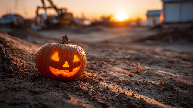 Halloween pumpkin carving glowing on a construction site at sunset. Jack-o'-lantern with an eerie smile, celebrating spooky autumn vibes. - Powered by Adobe
