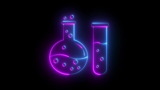 Glowing neon Bioengineering icon isolated on black background. Laboratory glassware icon. Biology, molecule, chemical icon. Science Beaker icon. Test tube and flask chemical laboratory test icon.