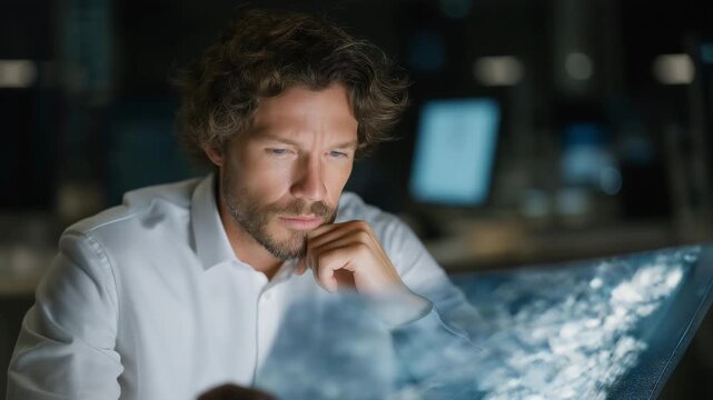 Engineer analyzing holographic coherence data projected above quantum test bench, emotion of curiosity visible, representing machine learning in quantum physics and advanced photonics visualization