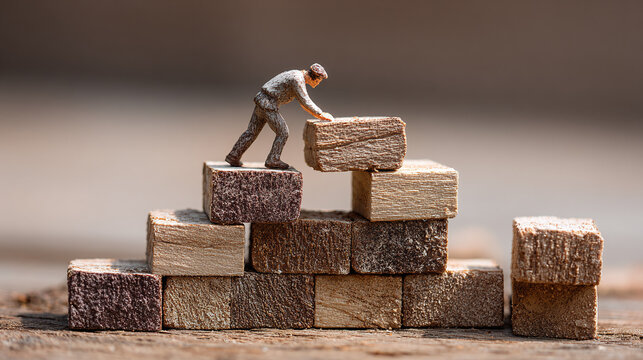 Miniature figure pushing a wooden block up a pyramid of blocks, symbolizing effort, progress, and upward movement in business or life. - Powered by Adobe