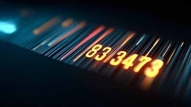Barcode lines with vibrant light beams and illuminated alphanumeric characters signifying modern data processing, digital identification, and information flow in a futuristic technology concept - Powered by Adobe
