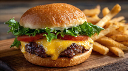A close-up of a cheeseburger with a beef patty, lettuce, tomato, and fries on a wooden board, showcasing fresh ingredients and tasty fast food.