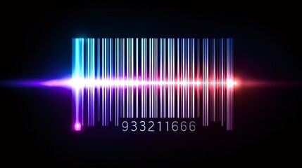 Digital barcode displaying product information, being scanned by a futuristic laser light beam, creating a dynamic visual of data processing and modern technology