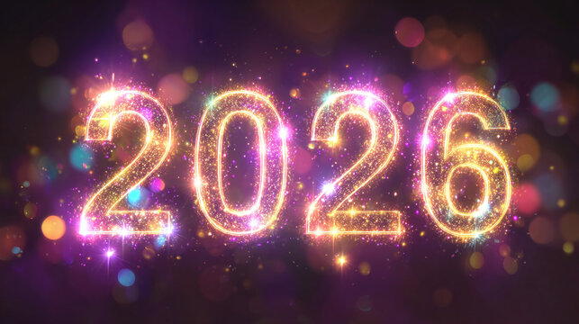Sparkling year 2026. Gold glitter, bokeh and purple hues create a festive atmosphere, symbolizing a bright and hopeful outlook for the future.