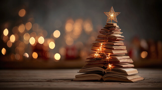 Whimsical tree made of books, adorned with fairy lights and a star, sits atop a wooden surface against a bokeh background. Festive decor.