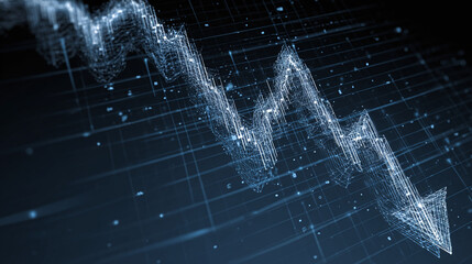 Digital arrow trending down. Abstract representation of economic downturn, market decline, or negative trend in a digital environment.
