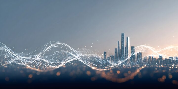 Digital city skyline presenting a futuristic urban landscape with glowing light waves and bokeh, symbolizing interconnected data networks, communication, and innovation in a modern smart metropolis