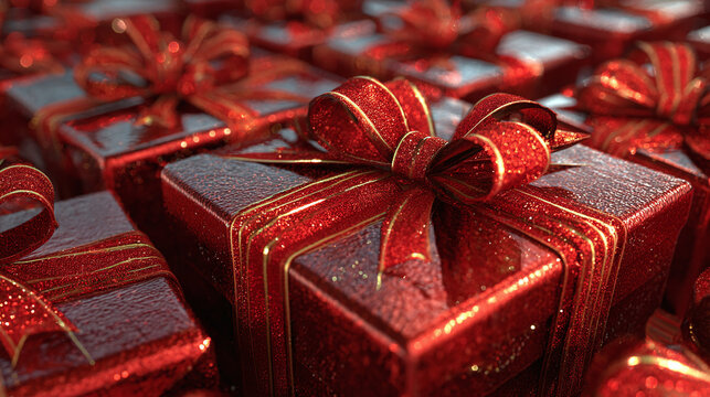 A festive pile of bright red gifts with shimmering ribbons, evoking a sense of warmth, anticipation, and the joy of gift-giving occasions.
