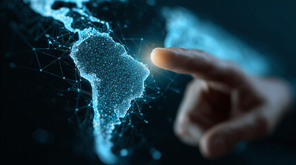 A hand pointing at the South America map with a futuristic look and network connection