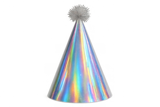 Holographic party hat with pom-pom celebrating birthday festive event, shiny iridescent cone isolated on transparent background