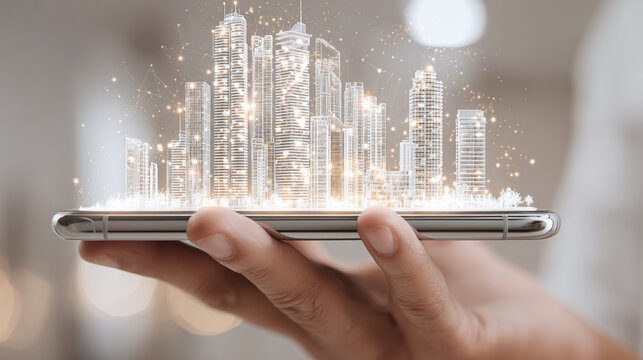 A silver phone in a hand displays a holographic cityscape connected by glowing networks, representing future tech and urban innovation. - Powered by Adobe