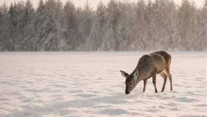 Obraz premium A lone white tailed deer forages for food in a snowy winter field at dawn.