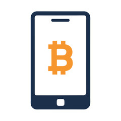 Bitcoin symbol on smartphone screen isolated on white background, a digital cryptocurrency