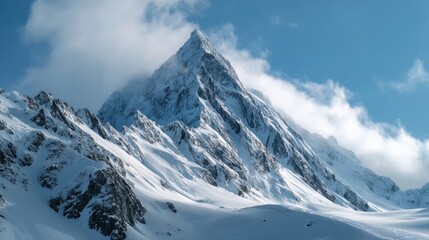 Obraz premium Majestic Snow-Capped Mountain Peak Surrounded by Dramatic Clouds and Vast White Terrain Under Clear Blue Sky in High-Altitude Landscape