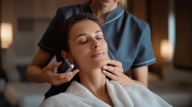 Esthetician working with AI-powered facial scanner, emotion of confidence and attentiveness visible, symbolizing professional skincare transformation, advanced treatment accuracy, and technological