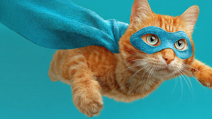 A superhero cat is flying through the sky wearing a blue cape and a mask. The background is a gradient of blue with a white patch.