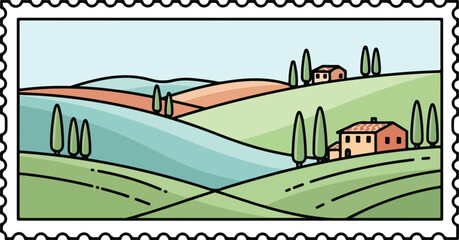 A stylized illustration of rolling hills with houses and trees, designed like a postage stamp, depicting a serene rural landscape.