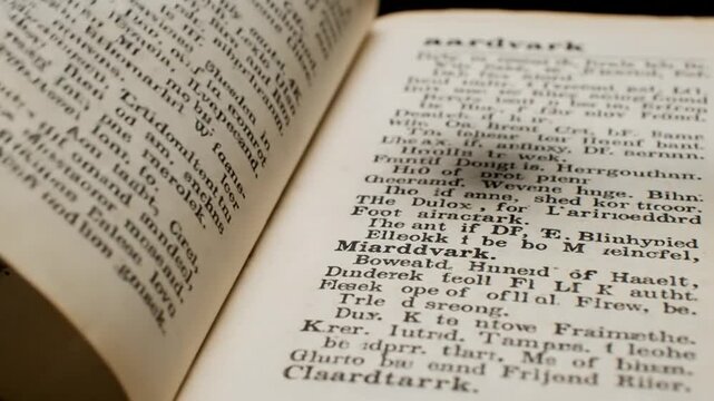 Close up of an old dictionary with a magnifying glass.
