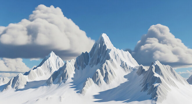 A scenic view of snow covered mountains with a blue sky and fluffy white clouds in the background