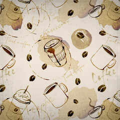 Watercolor coffee drink pattern. Coffee lovers drink menu for cafe and restaurants. Coffee shop brand logo. High quality hand drawn food illustrations.