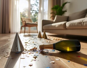 Empty champagne bottle, confetti, and party hats scattered on a wooden floor in a bright living room after a celebration.