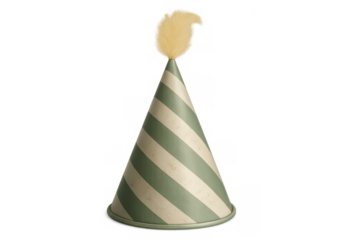 Party hat with stripes and fluffy top, celebrating birthdays and festive occasions, transparent background