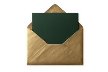 Brown paper envelope opening, showing dark green blank card for message, isolated on transparent background