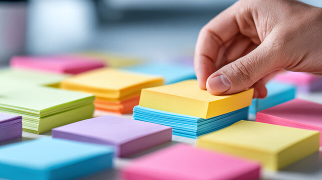 Hand selecting a yellow note from a stack of sticky notes on a white table, perfect for reminders, studying and staying organized at home or work.