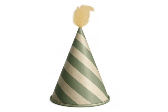Party hat with stripes and fluffy top, celebrating birthdays and festive occasions, transparent background - Powered by Adobe