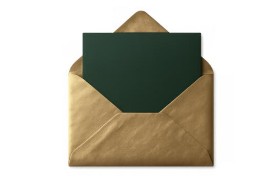 Brown paper envelope opening, showing dark green blank card for message, isolated on transparent background
