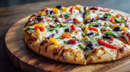 Delicious pizza on a wooden board: a vibrant array of toppings including olives, peppers, onions, and melted cheese. Get your pizza now!
