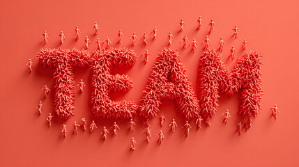 A stylized arrangement of miniature figures spelling out "TEAM" on a red surface, conveying unity and collaboration in a visual metaphor.