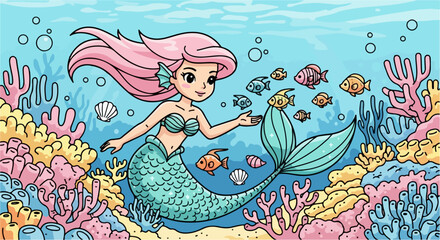 A cute cartoon mermaid with pink hair and a teal tail swimming underwater among colorful coral reefs and small fish.
