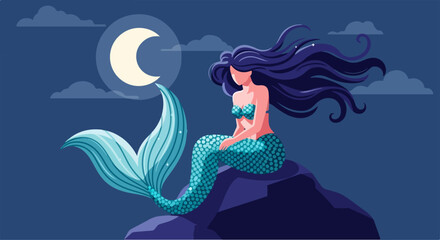 A mermaid with long dark hair and a shimmering teal tail sits on a rock under a crescent moon in a dark, cloudy night sky.